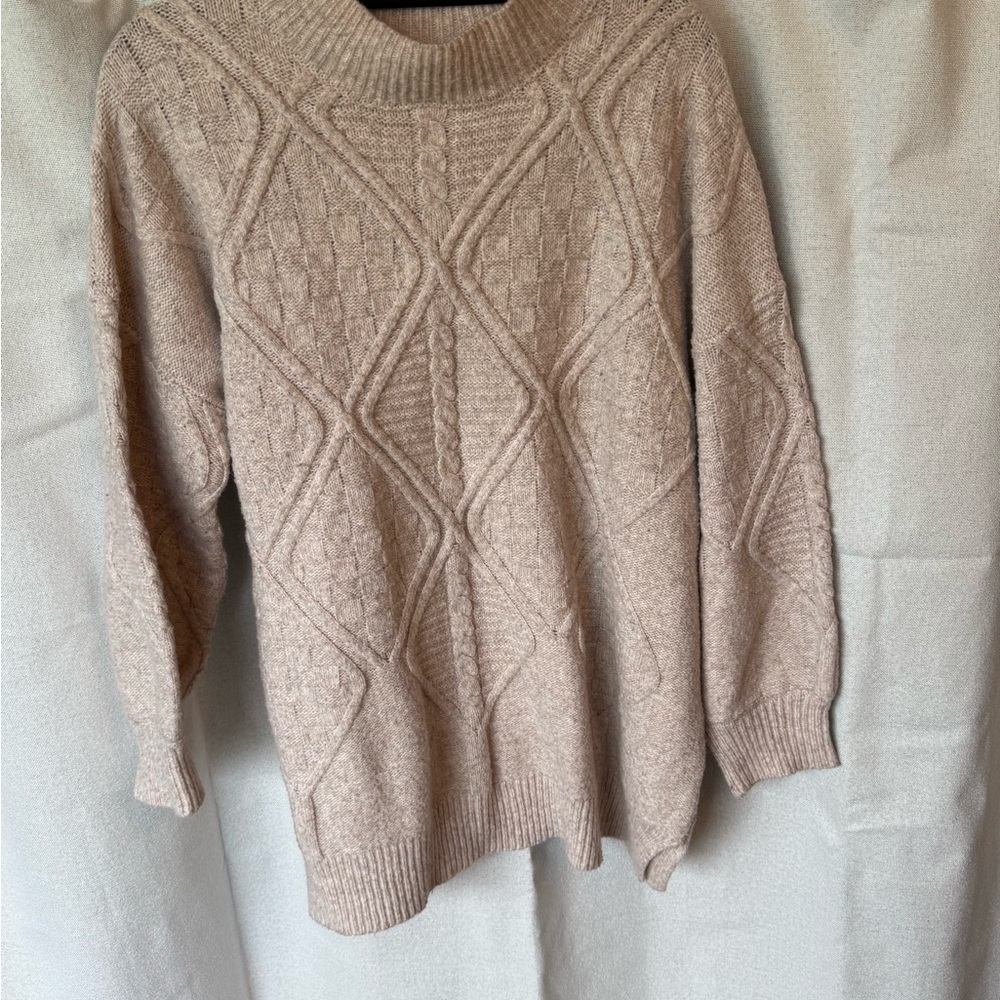 Pink Lily Taupe Cable Knit Crewneck Sweater